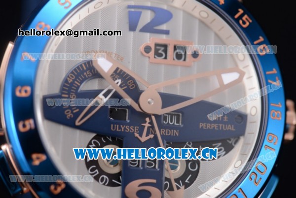Ulysse Nardin Executive Dual Time & Big Date Asia ST25 Automatic Rose Gold Case White Dial Blue Bezel and Blue Rubber Strap - Click Image to Close